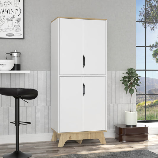 Modern white storage cabinet with oak accents and two doors on top and bottom sections