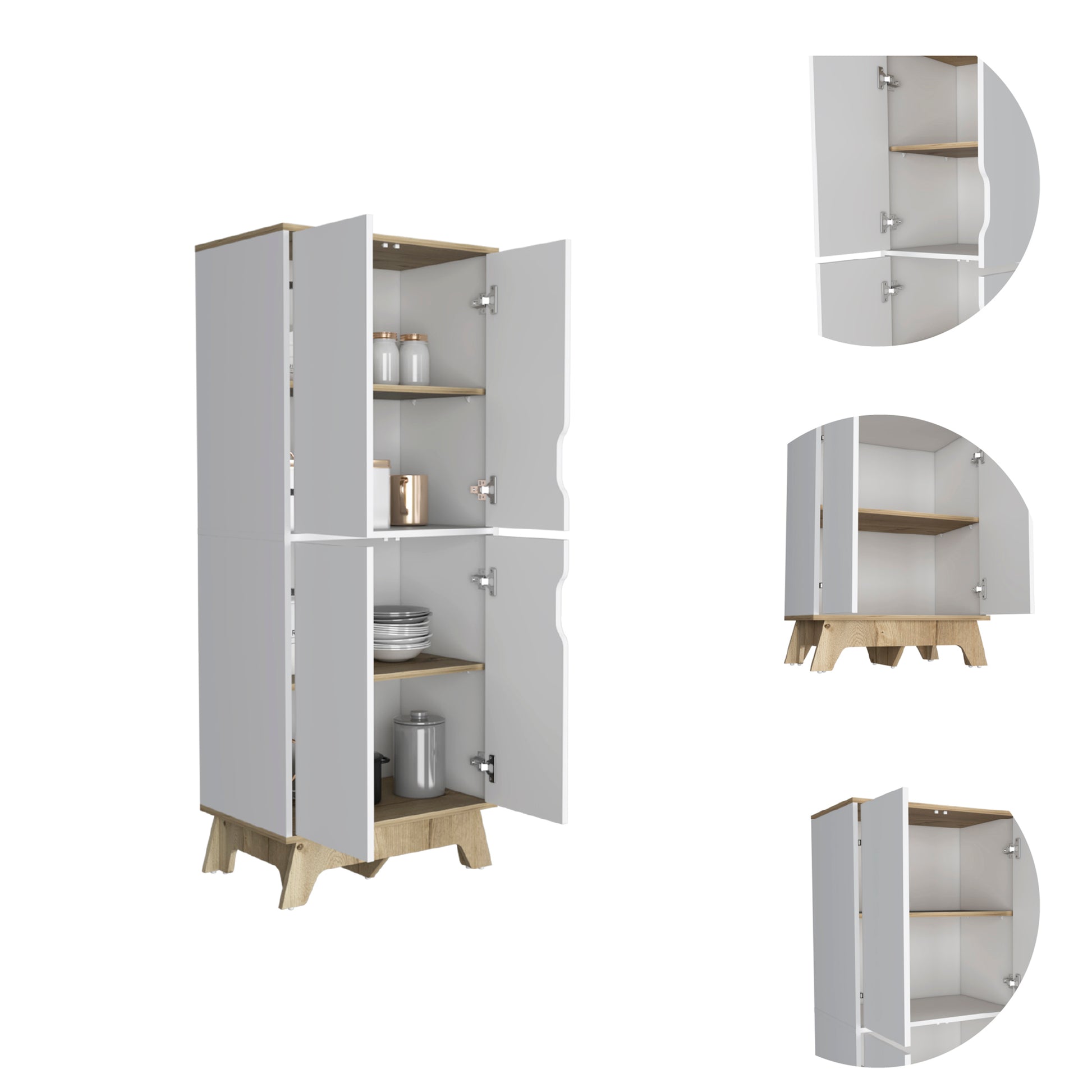 Tall grey cabinet with light wood accents and open doors