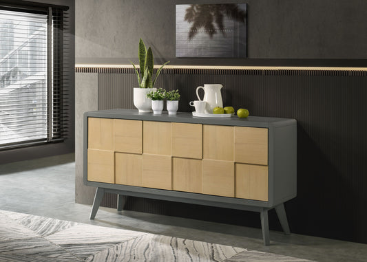 Modern grey sideboard with light wood geometric drawer fronts
