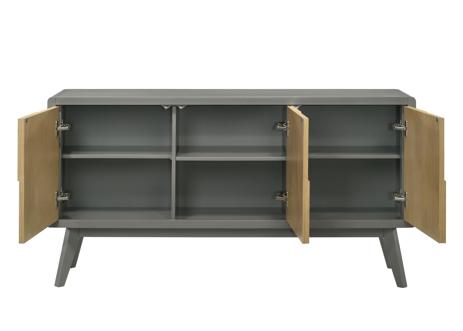 Gray midcentury modern sideboard with natural wood doors and open shelving