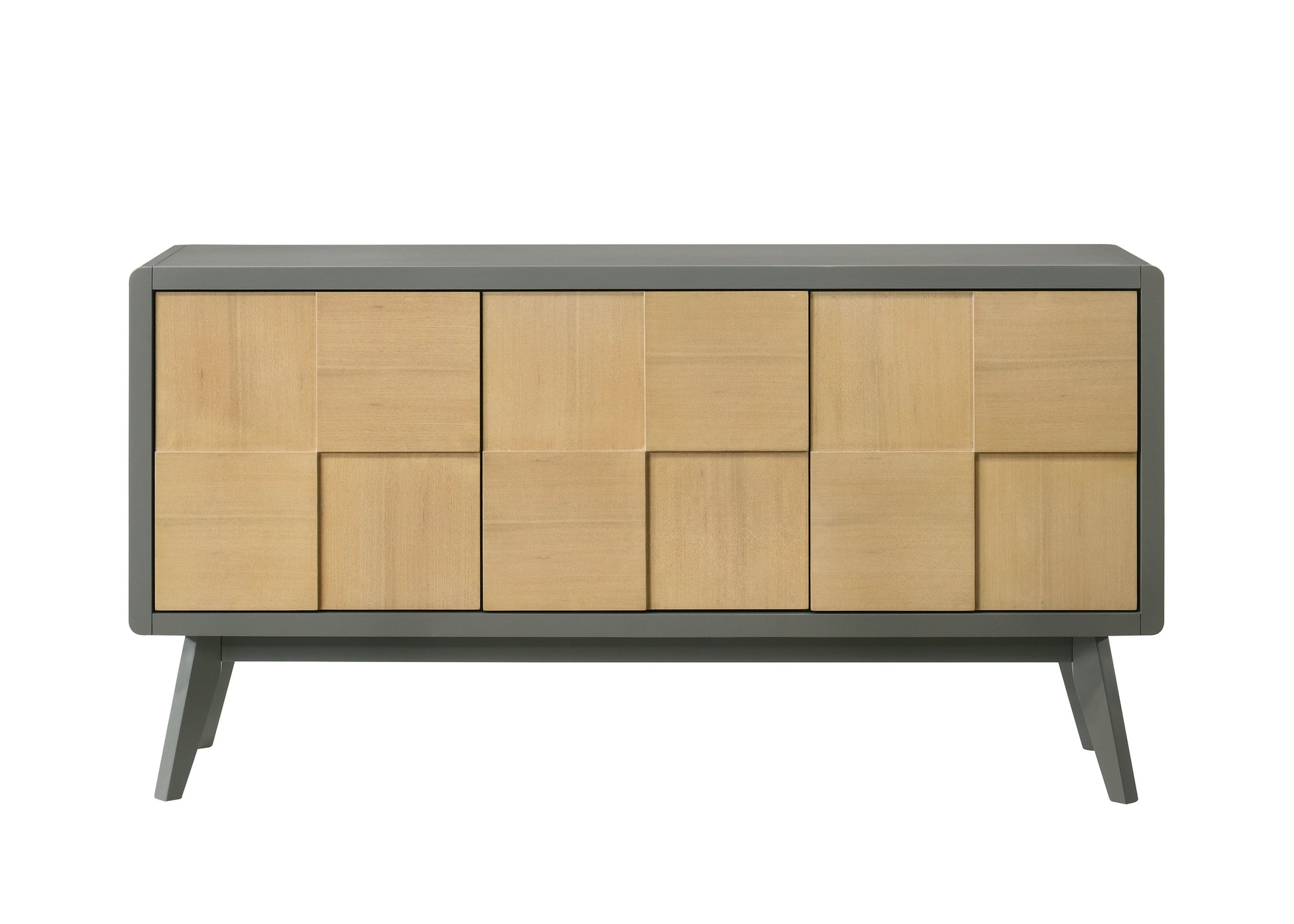 Modern grey sideboard with eight light wood paneled doors and tapered legs