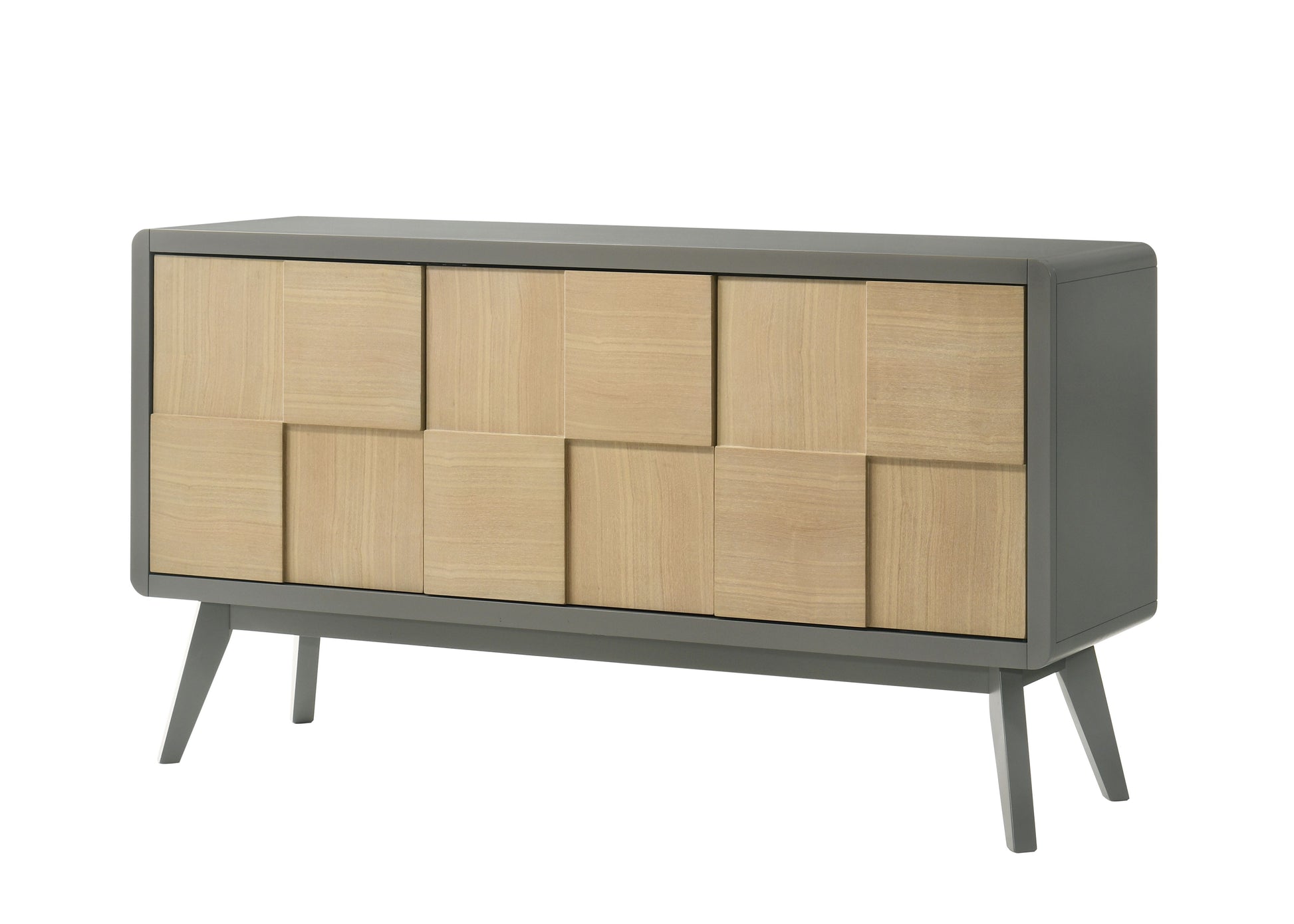 Grey wooden sideboard with a geometric wood grain front and tapered legs