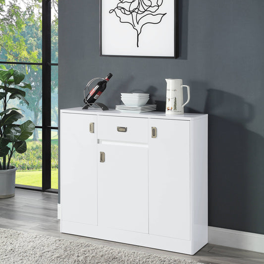 White modern sideboard with brass handles and a drawer