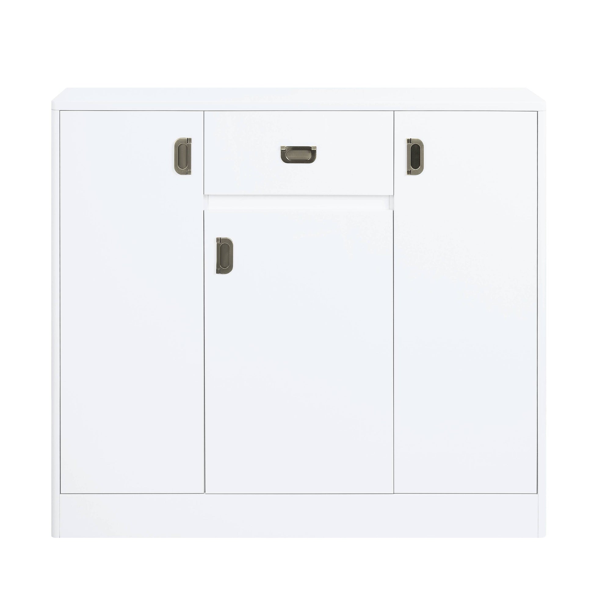 Modern white twodoor cabinet with single drawer and brushed nickel hardware