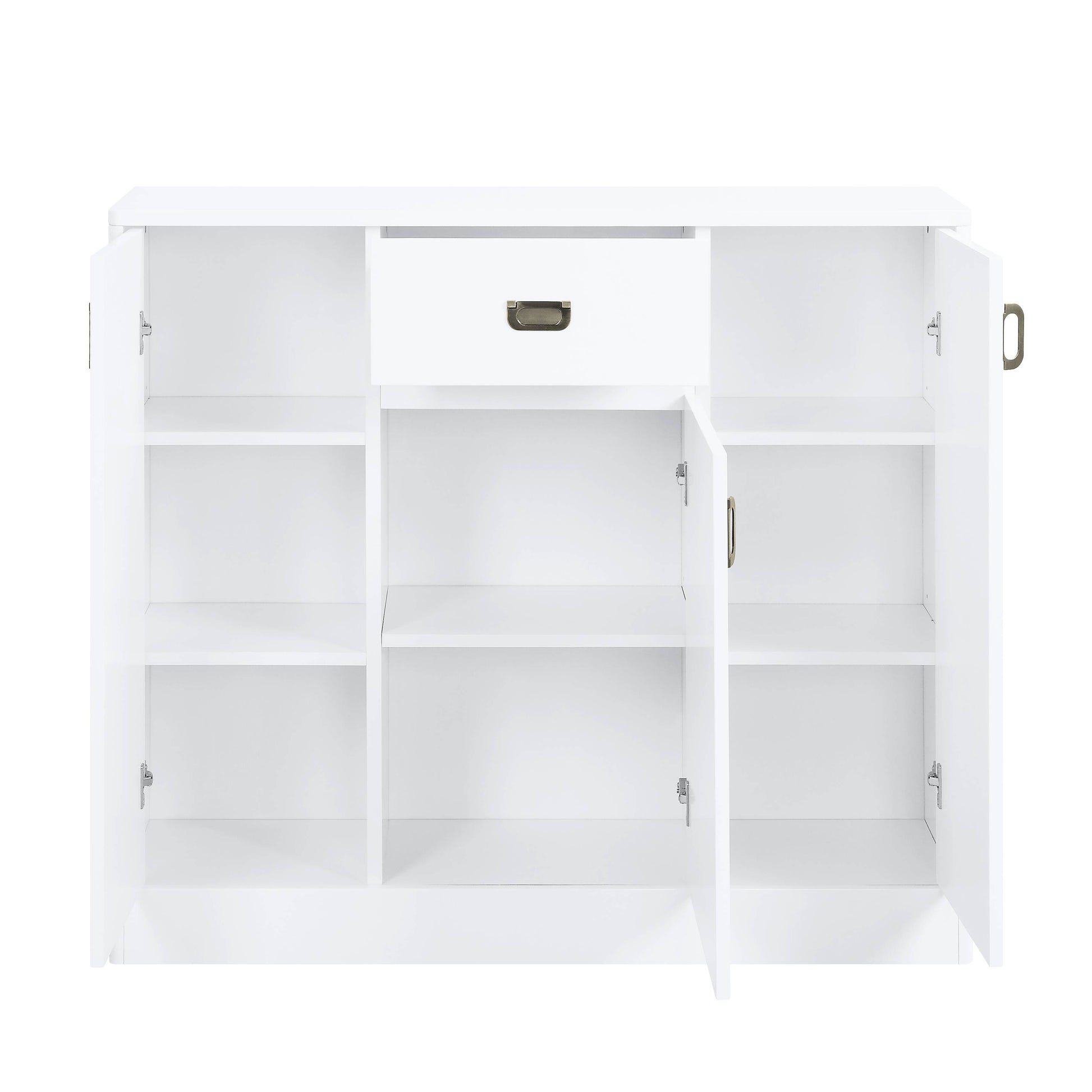 Open white modern buffet with brass handles and ample shelving