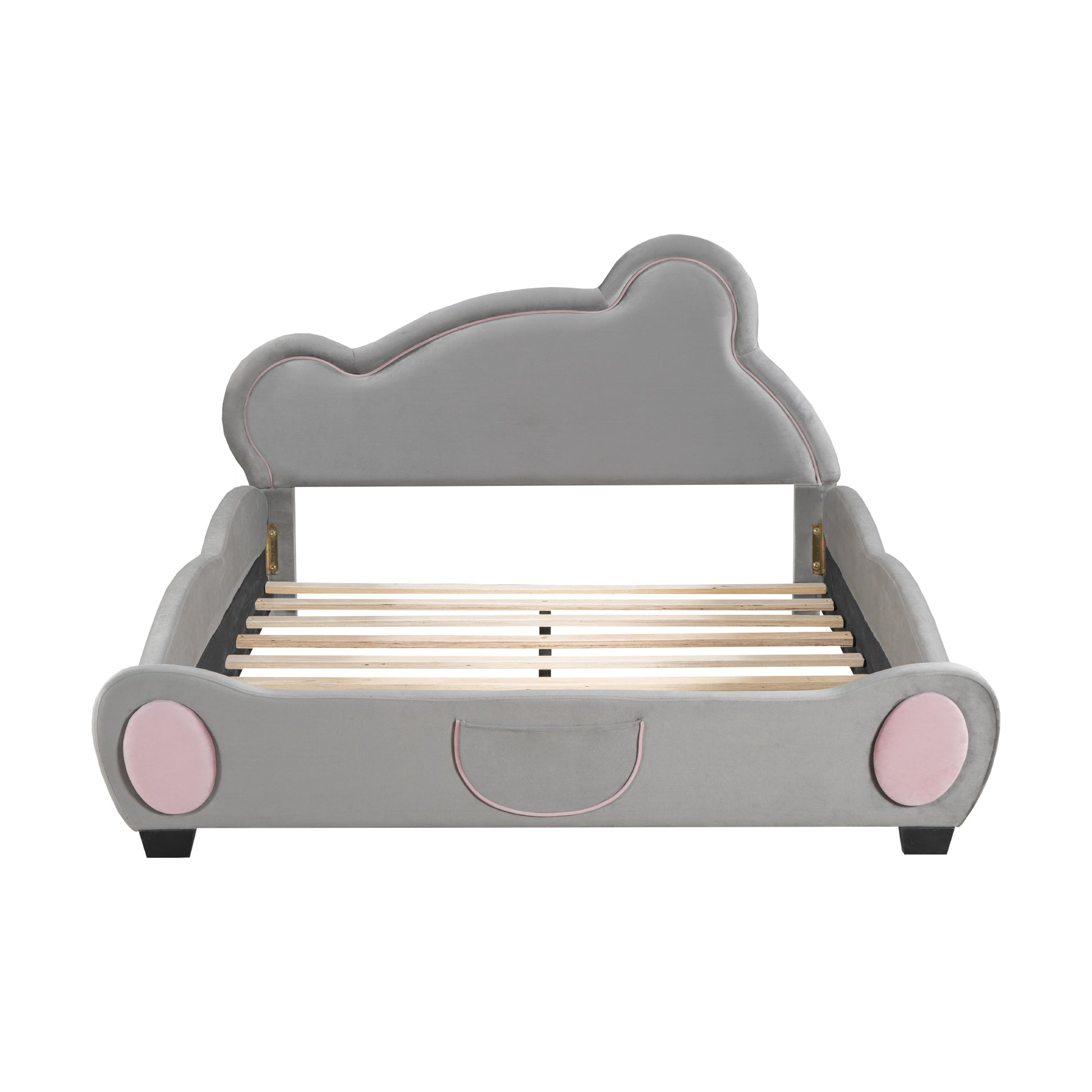 Gray velvet twin bed frame with pink trim and wheels for kids