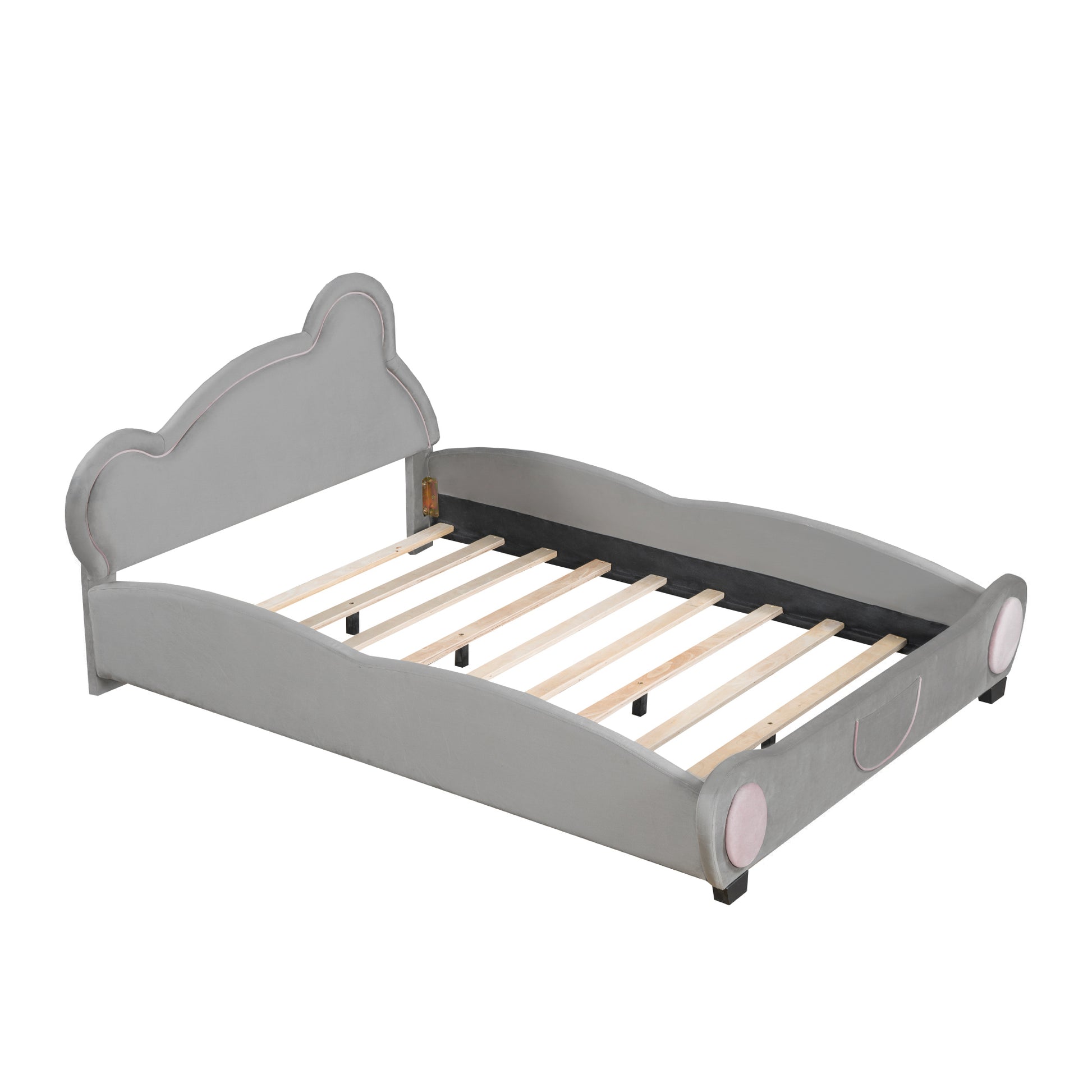 Gray velvet upholstered twin bed frame with cloudshaped headboard and pink trim accents