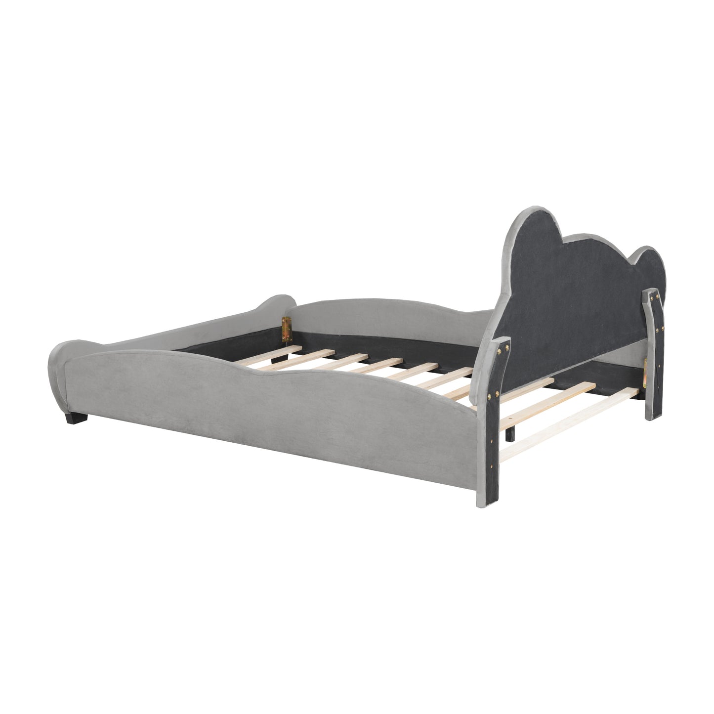 Gray velvet toddler bed with playful bearshaped headboard