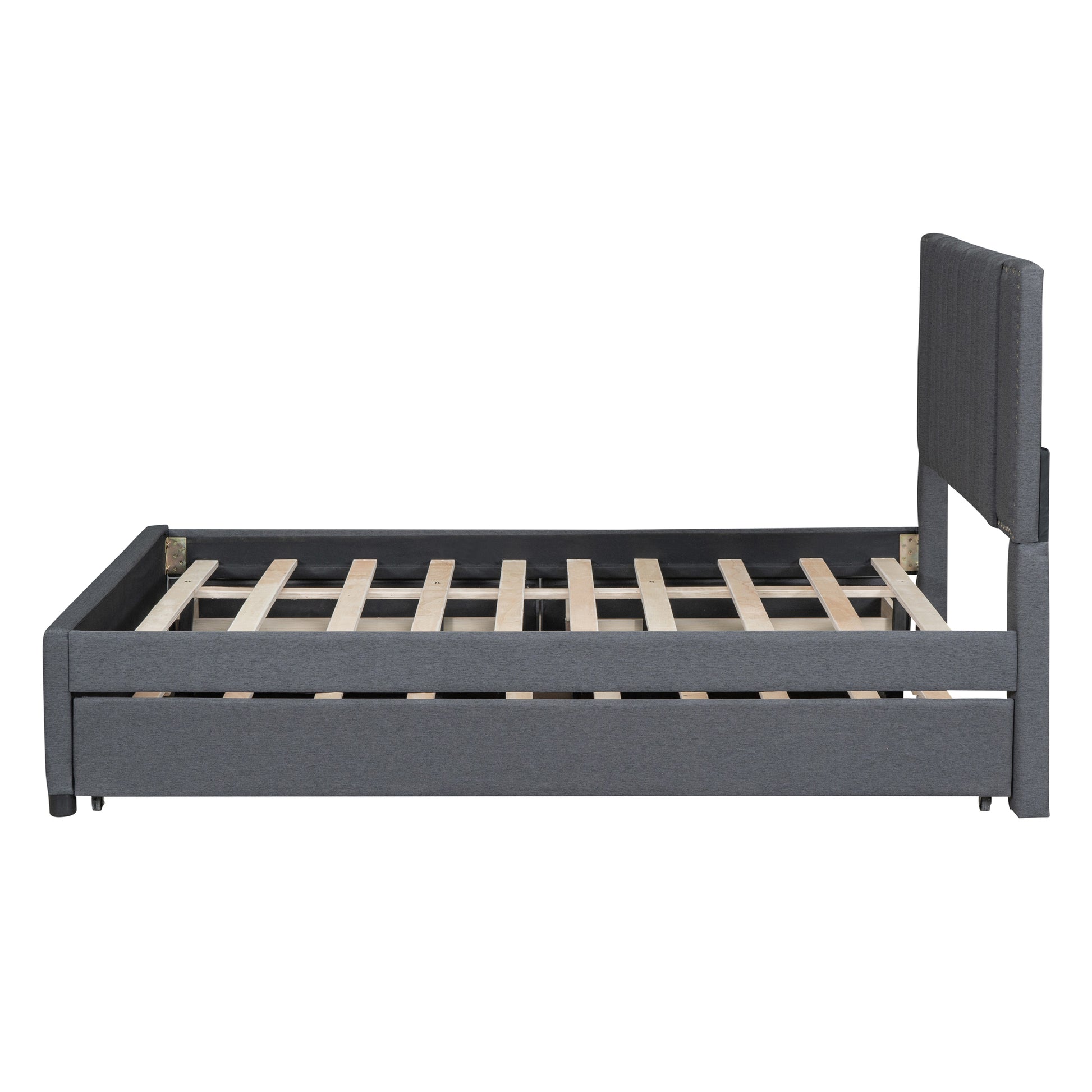 Grey upholstered bed frame with wood slats and a padded headboard