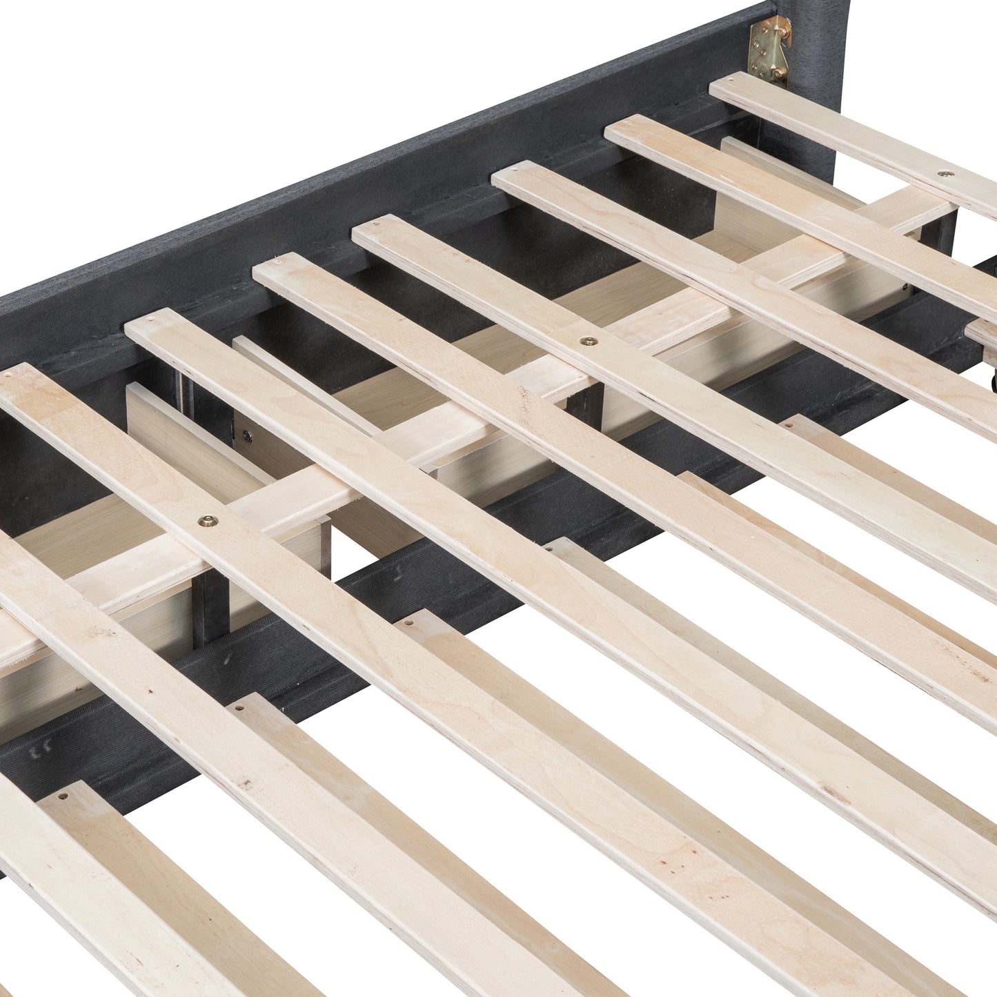Upholstered bed frame base with natural wood slats for mattress support
