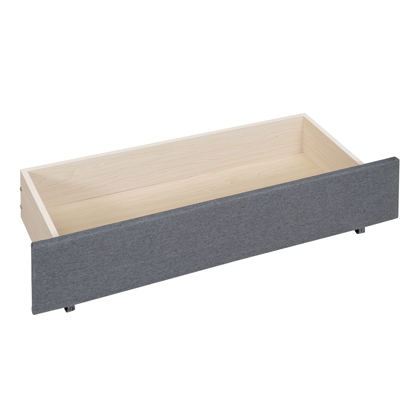 Dark grey fabric underbed storage drawer with natural wood interior