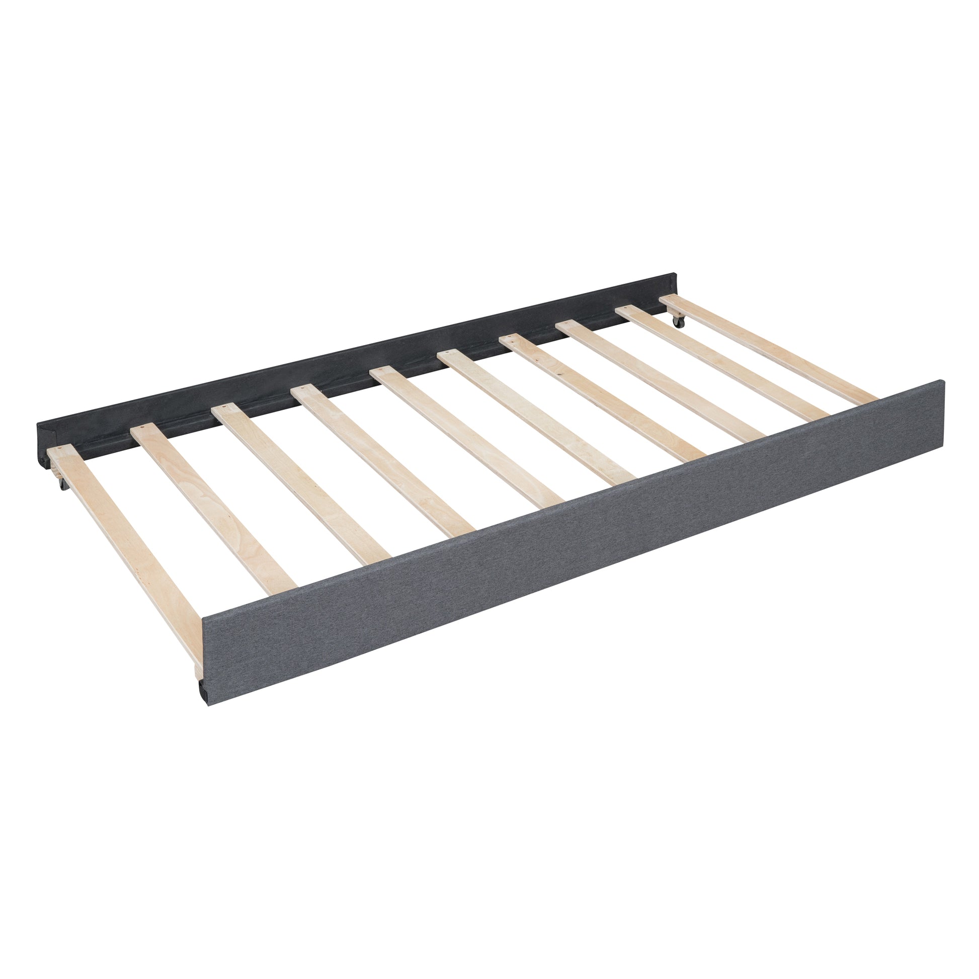 Dark gray upholstered trundle bed frame with wooden slats