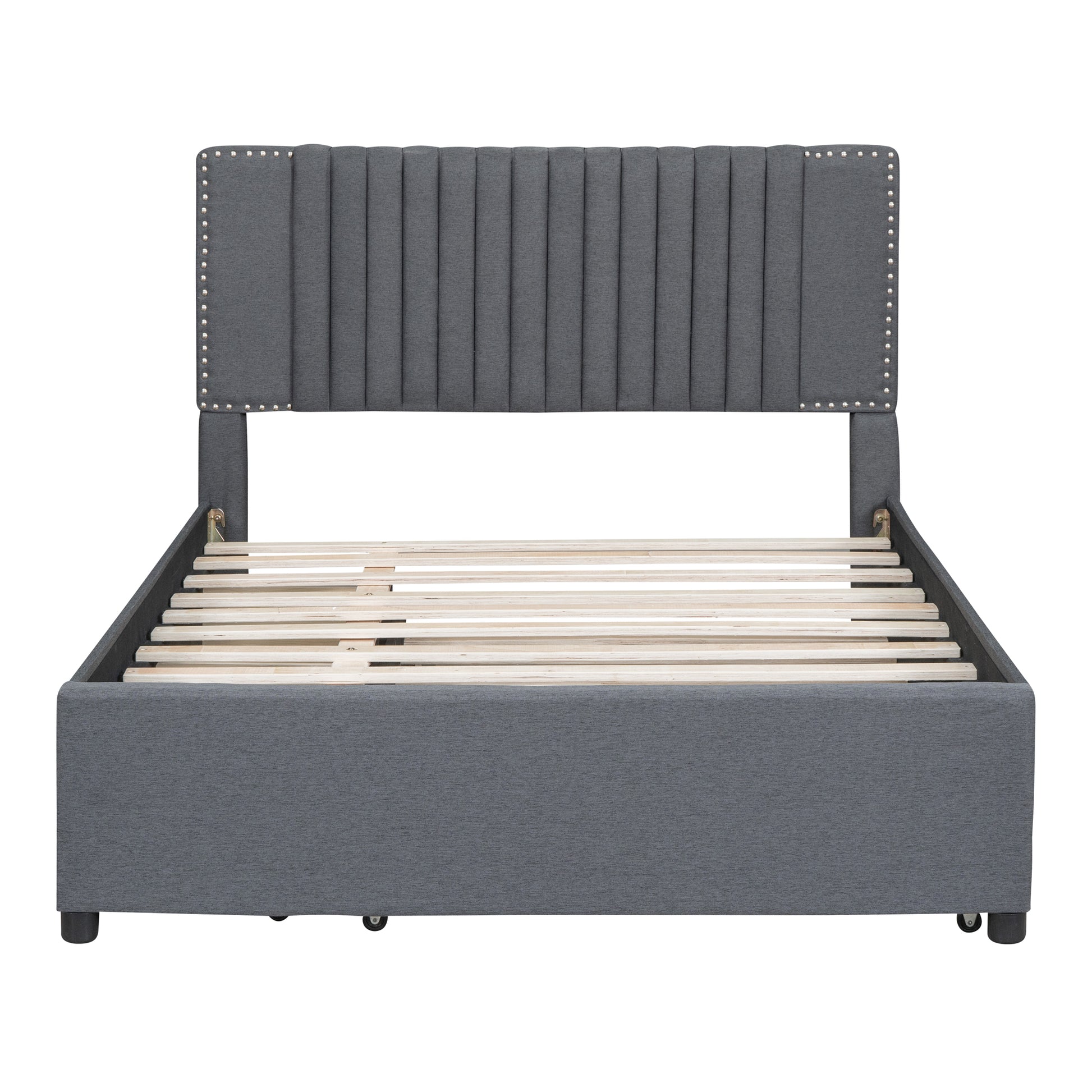 upholstered grey bed frame with button tufted headboard