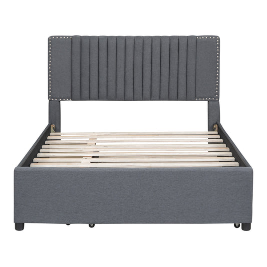 upholstered grey bed frame with button tufted headboard