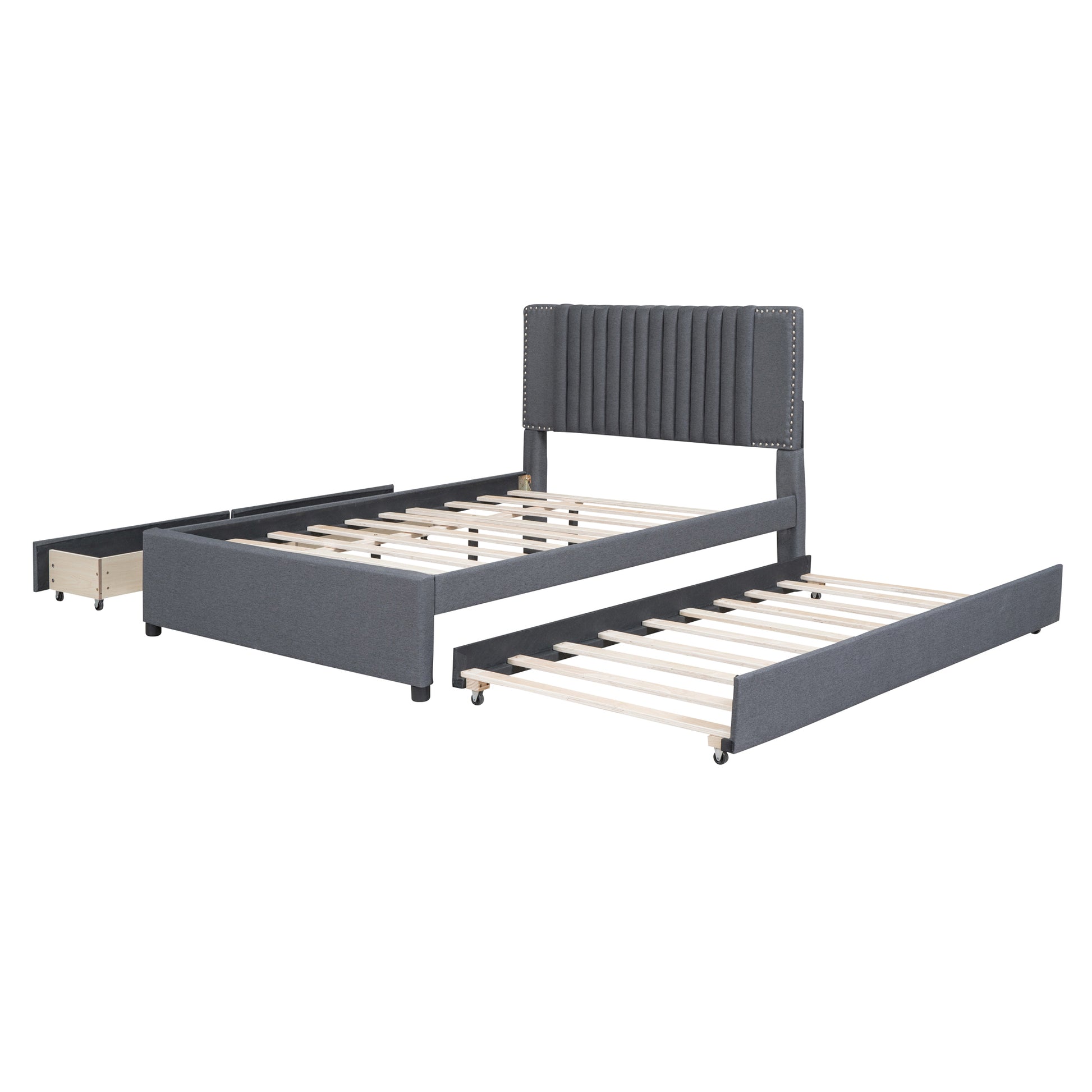 Dark grey upholstered twin bed frame with pullout trundle