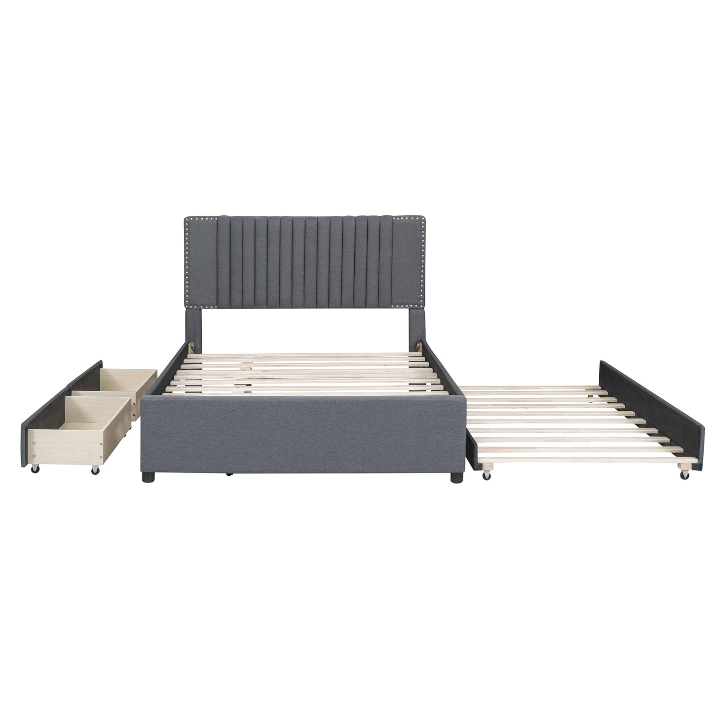 Dark gray upholstered bed frame with tufted headboard and pullout drawers