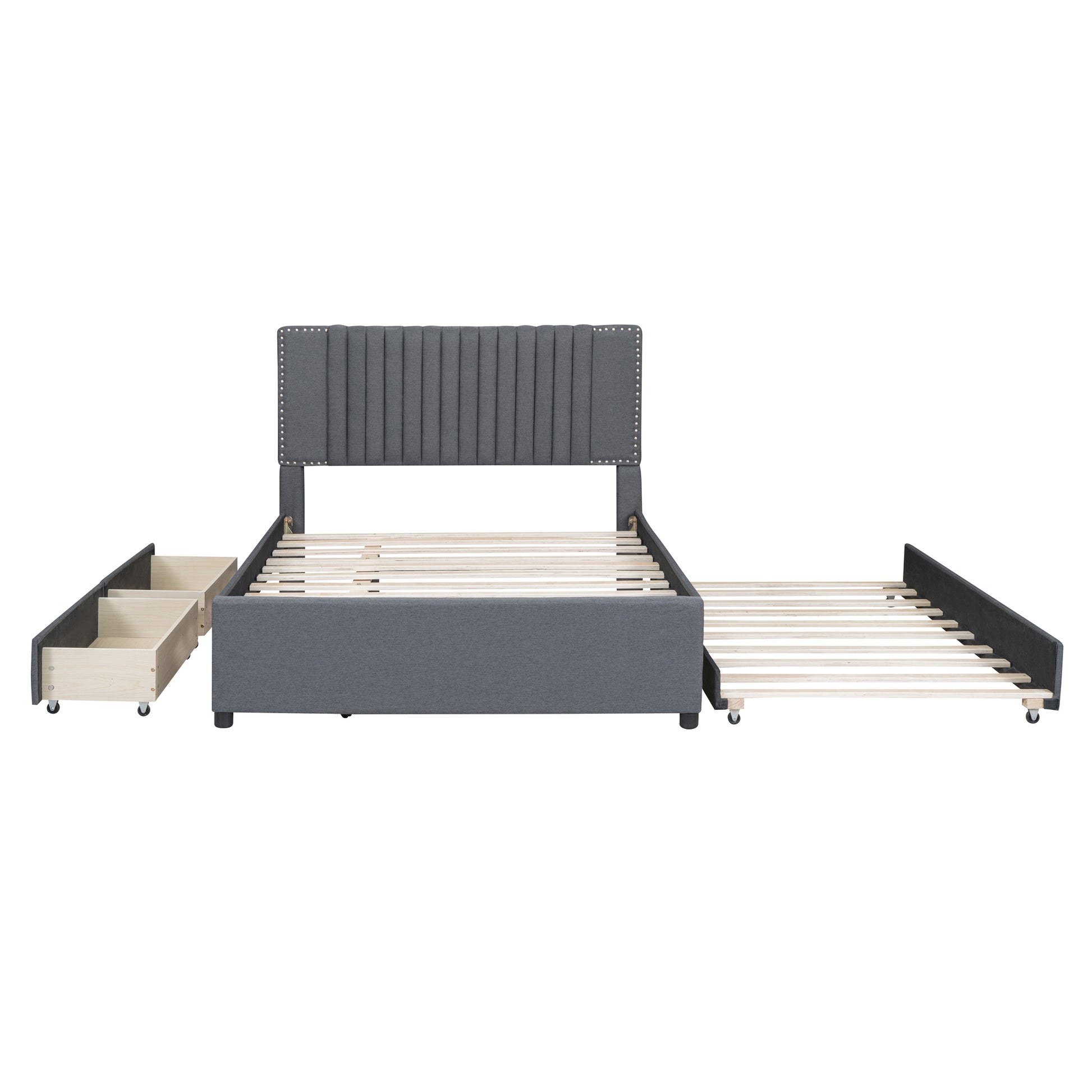 Dark gray upholstered bed frame with tufted headboard and pullout drawers