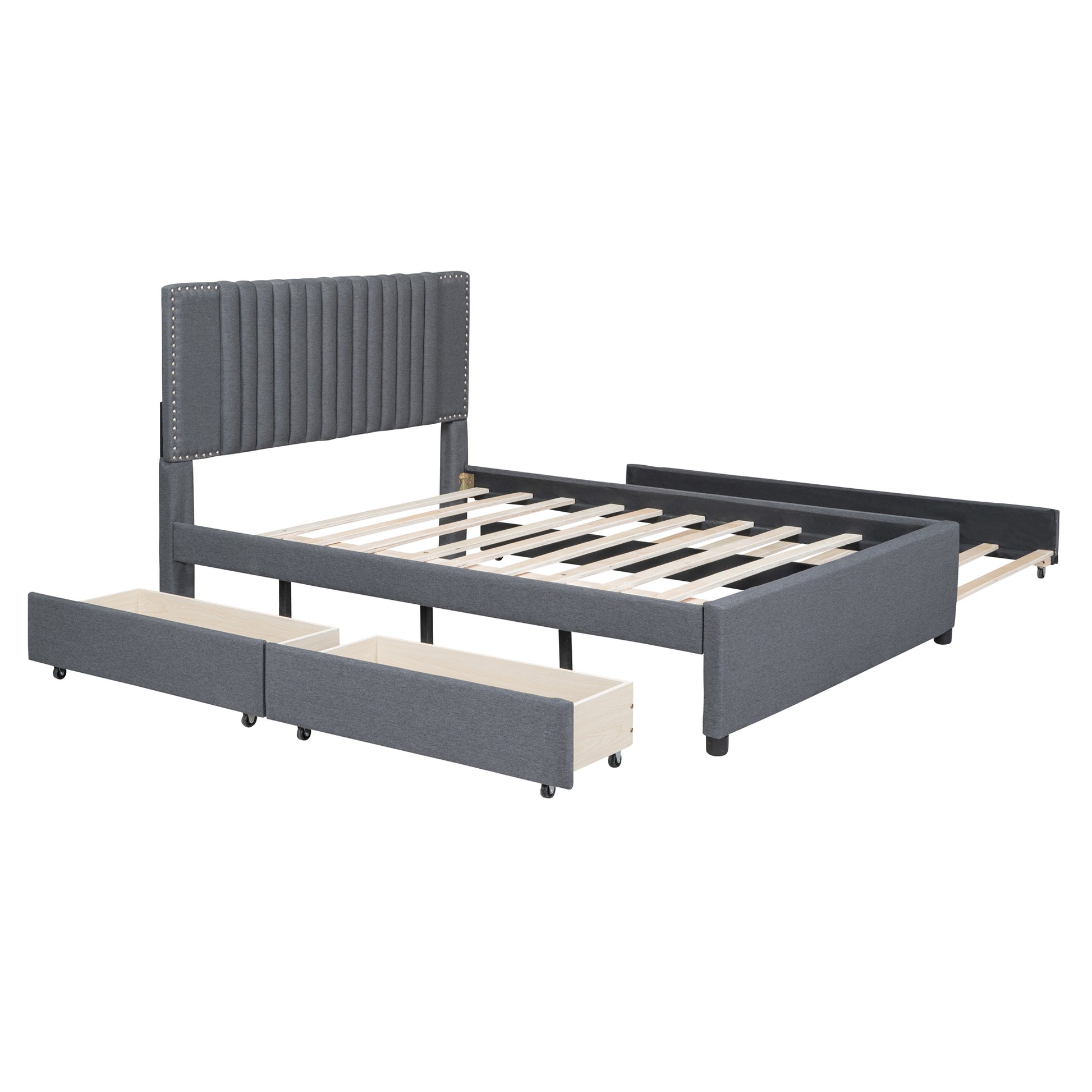Grey upholstered bed frame with buttontufted headboard and pullout drawers