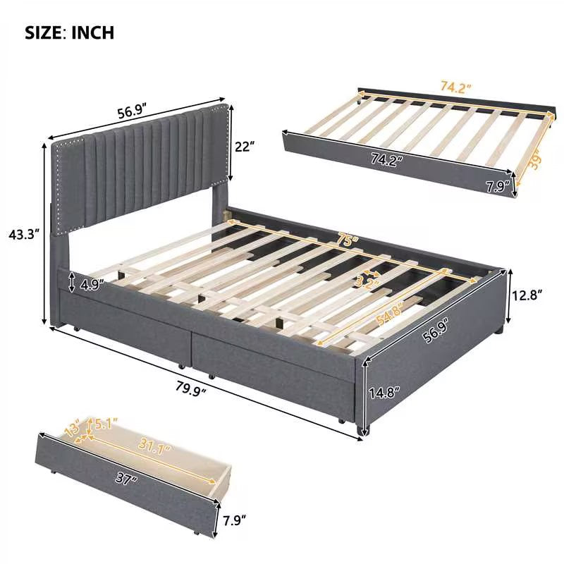 Gray upholstered queen bed frame with tufted headboard and storage drawers