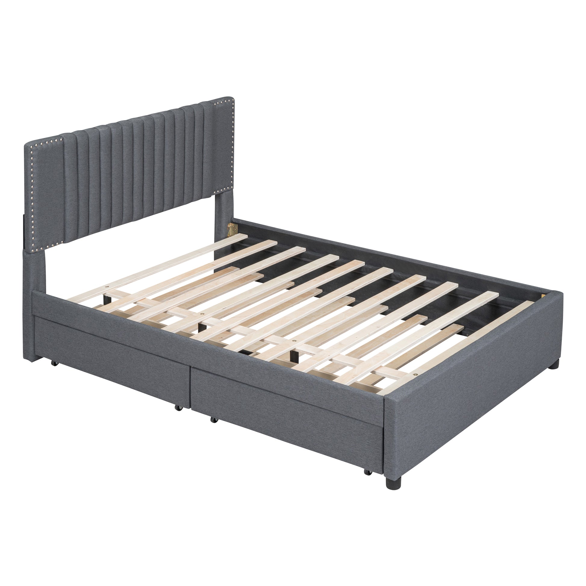 Dark gray fabric bed frame with upholstered headboard and storage drawers