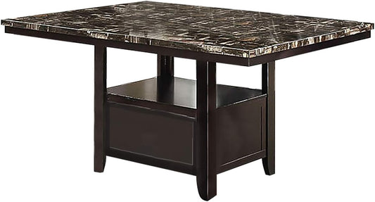 Rectangular dark brown dining table with faux marble top and builtin shelf