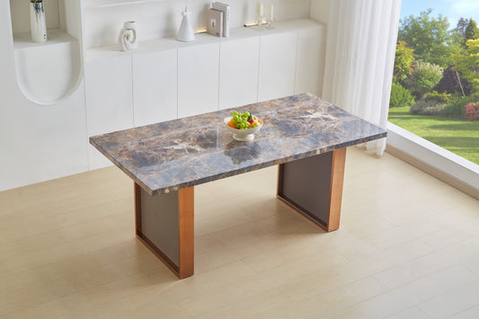 Rectangular marble dining table with brown and grey veining and wooden legs