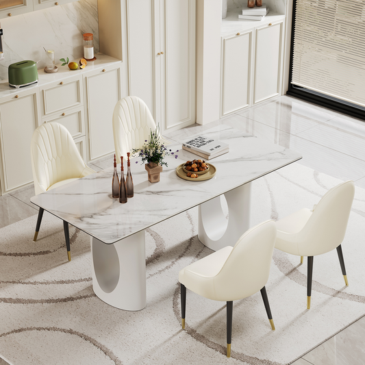 Modern dining set with marblelook table and cream upholstered chairs