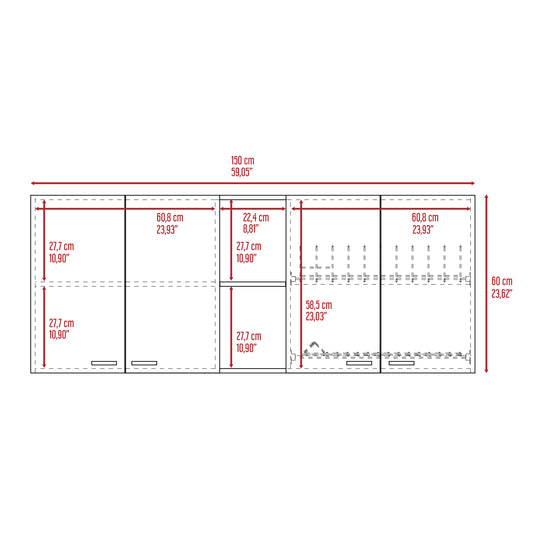 Diagram showing a white furniture unit with dimensions for length cm and height cm