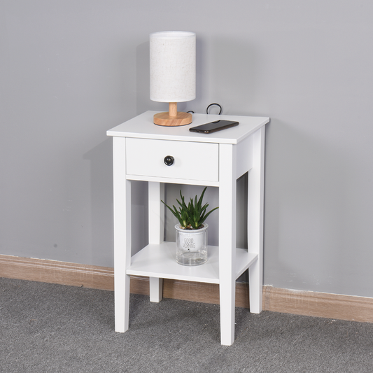 White wood nightstand with drawer and shelf featuring a lamp and plant