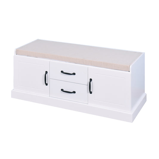 White storage bench with two drawers and two cabinet doors