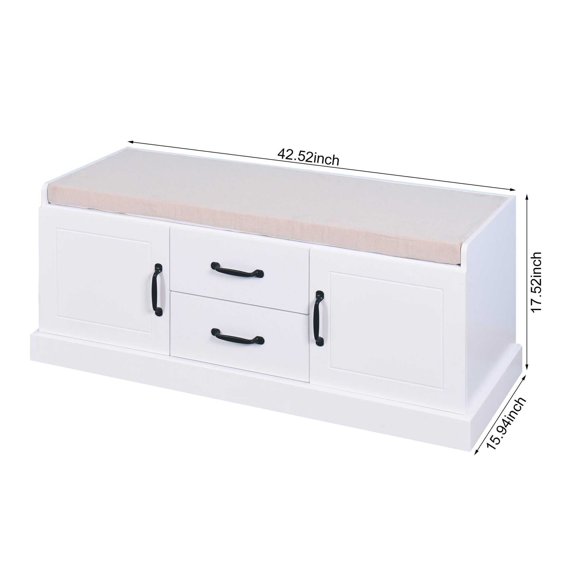 White storage bench with upholstered top and black hardware
