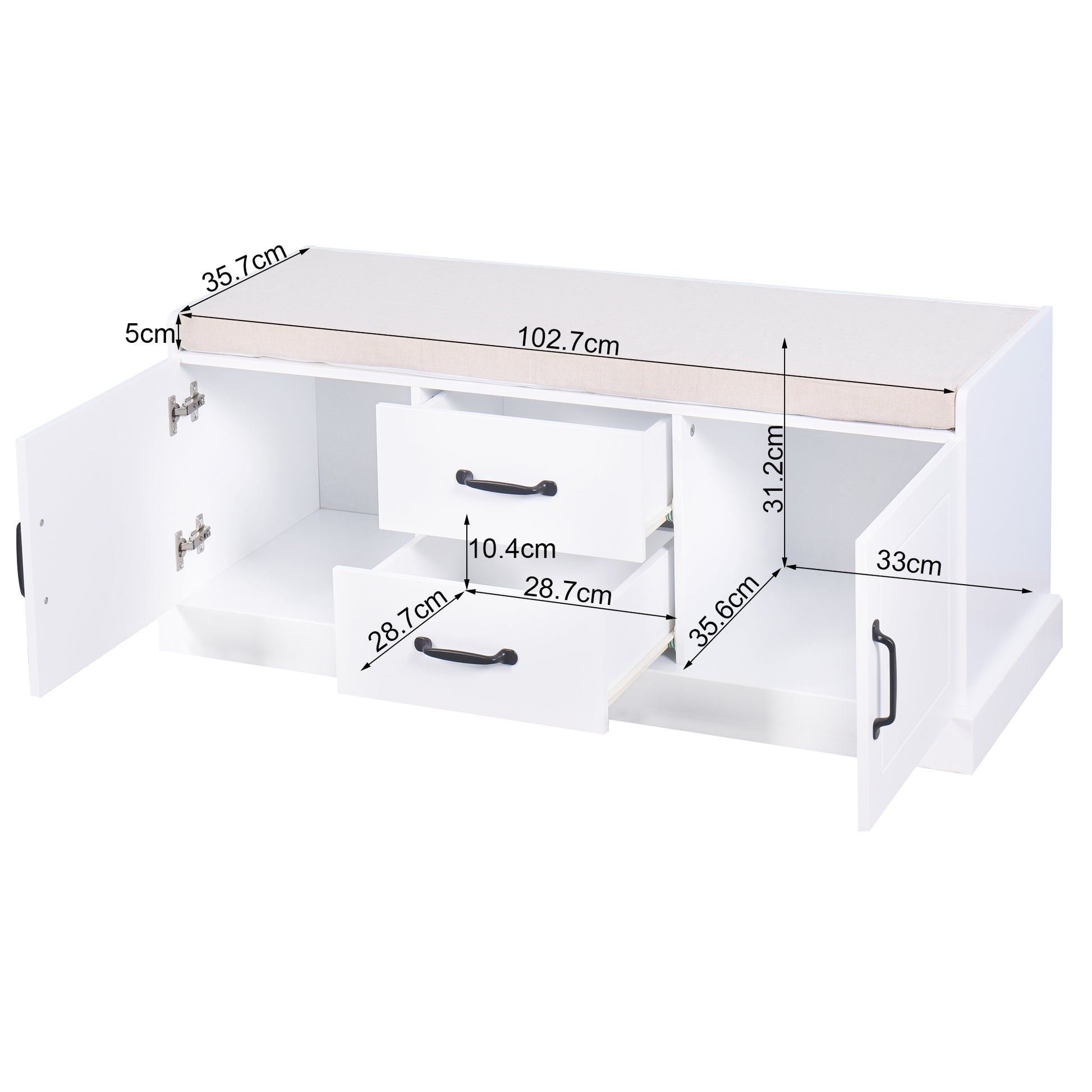 White entryway bench with two drawers and dual cabinet doors