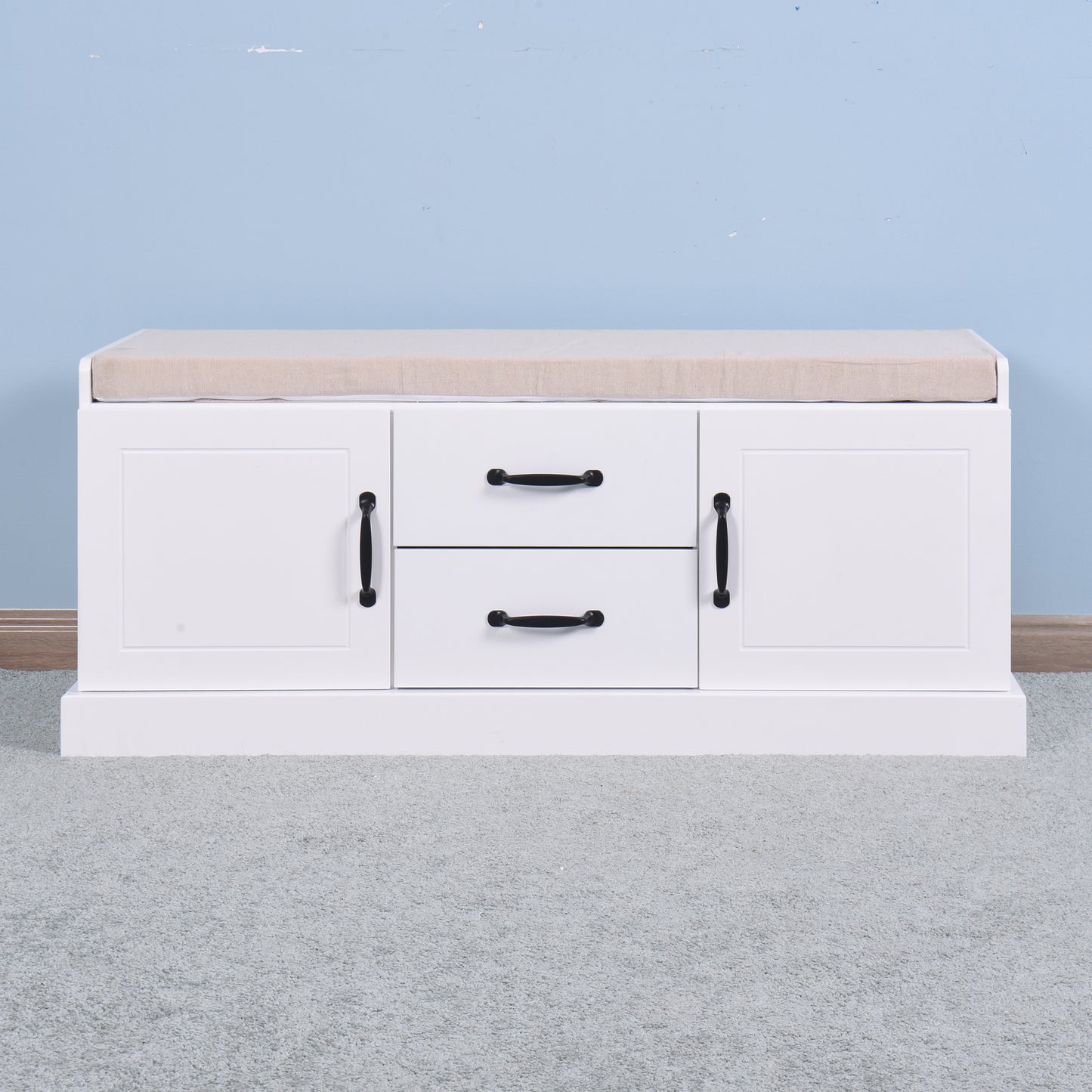 White shoe bench with padded cushion and two drawers