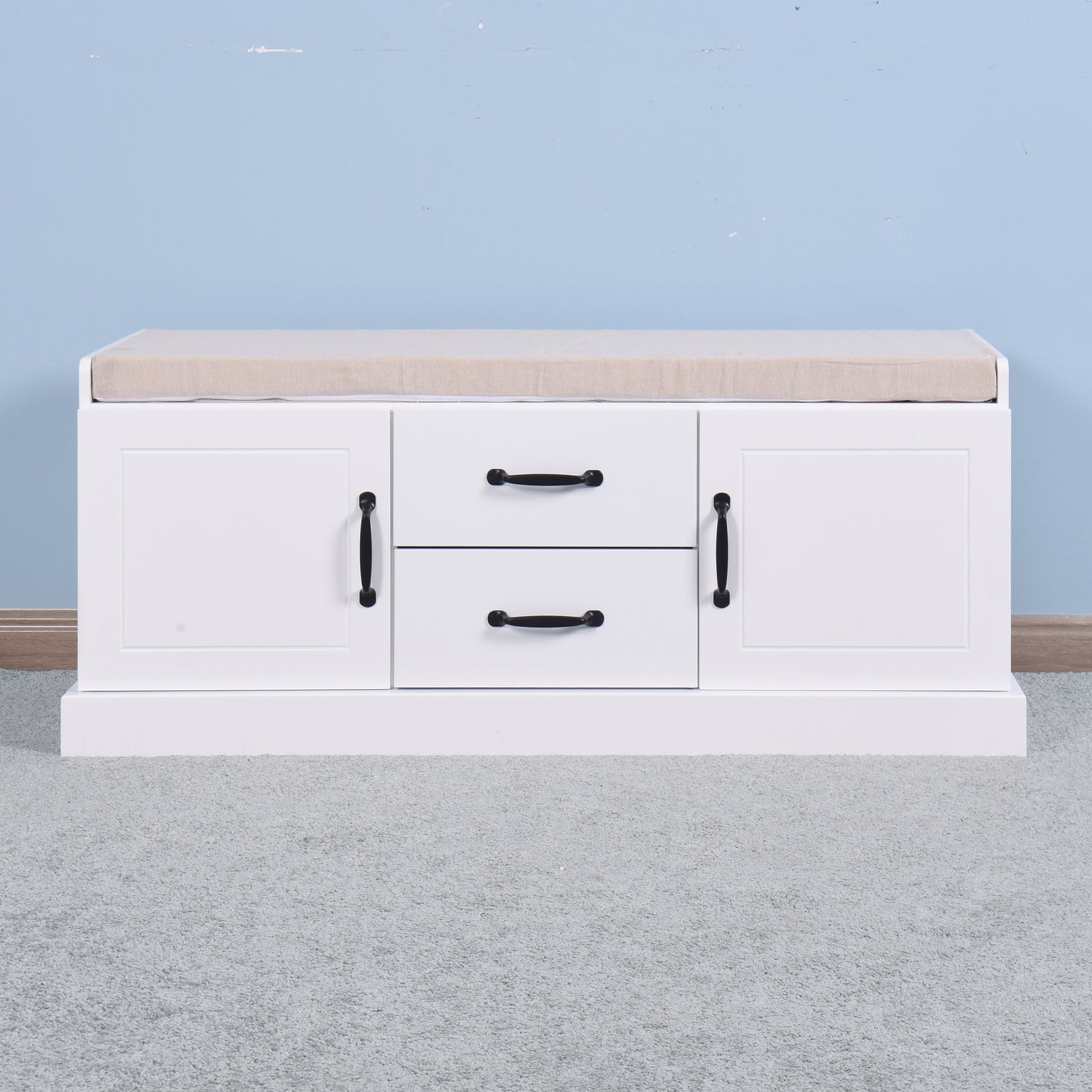 White shoe bench with padded cushion and two drawers