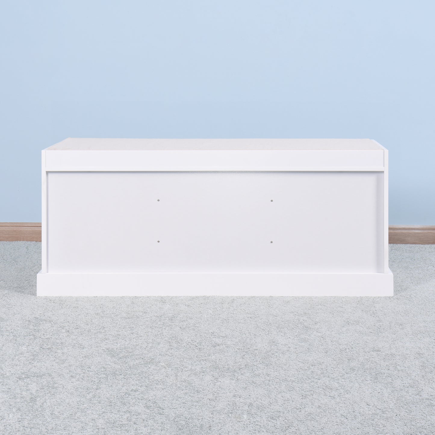 Classic white storage bench with clean lines for entryway organization