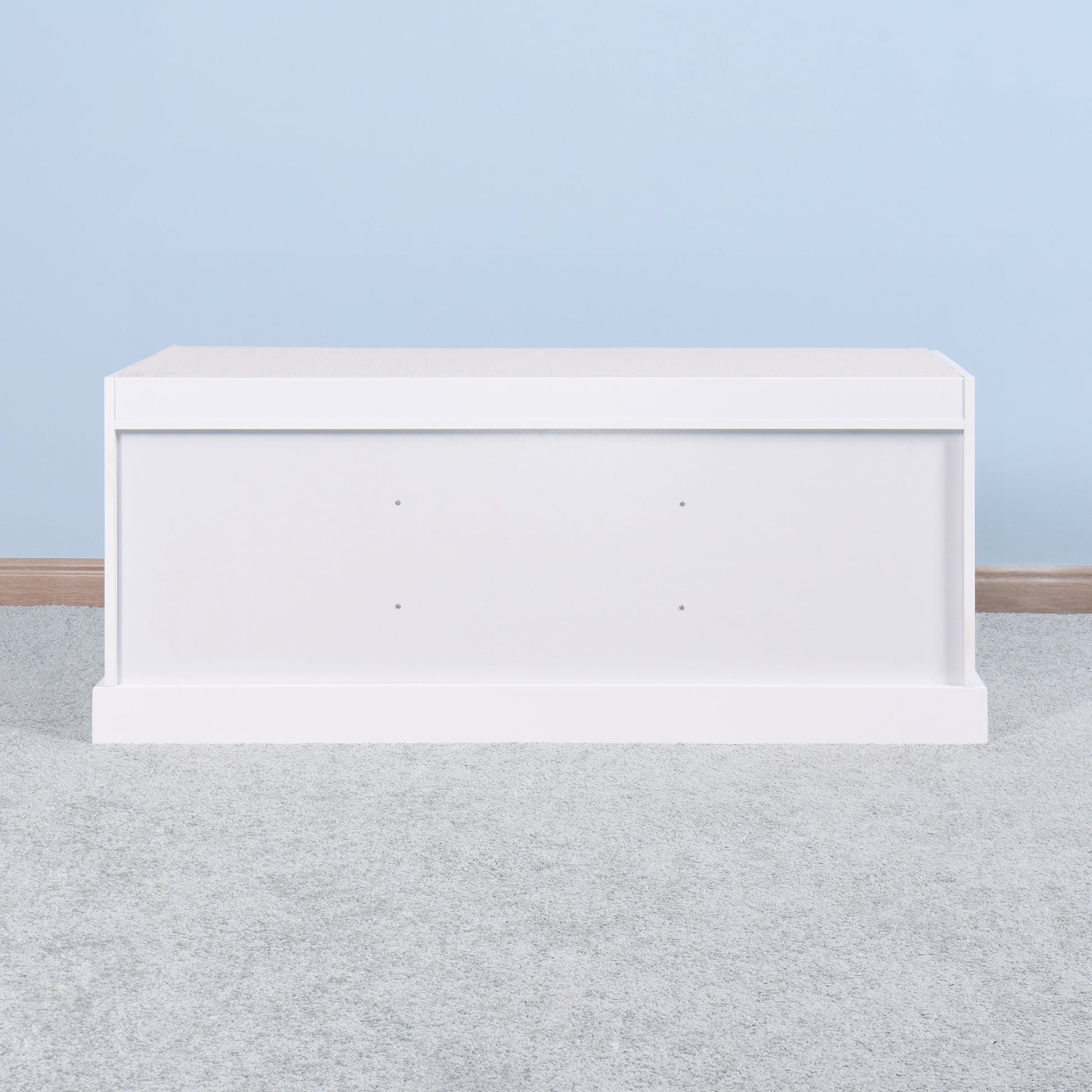 Classic white storage bench with clean lines for entryway organization