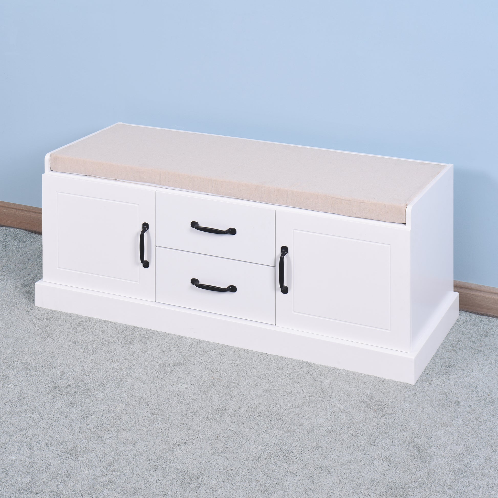 White storage bench with padded seat and two drawers