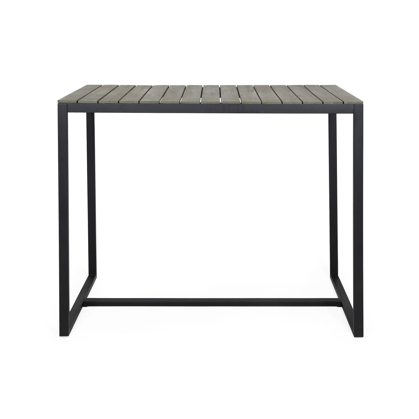 Gray slatted wood outdoor bar table with black metal frame
