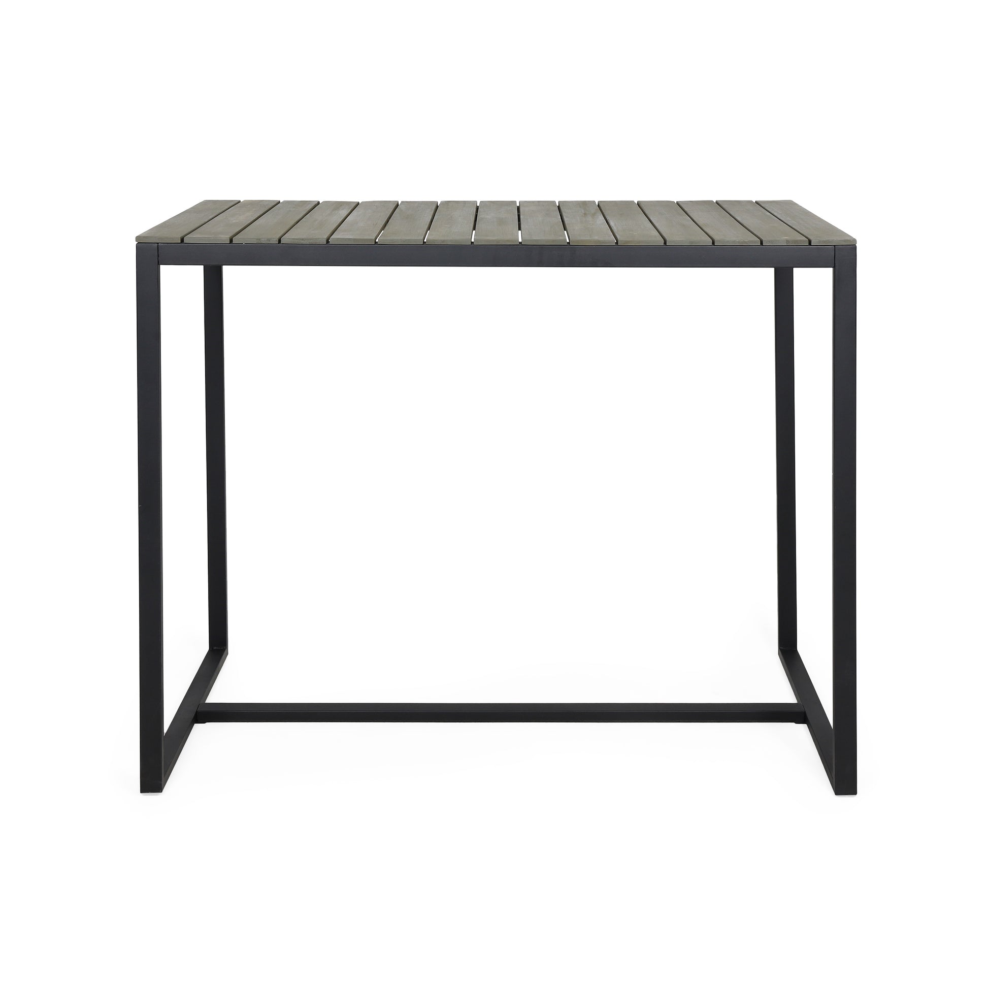 Gray slatted wood outdoor bar table with black metal frame