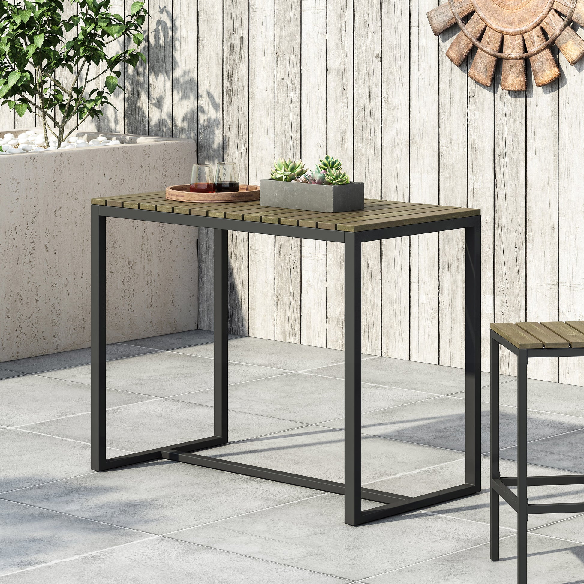 Rustic woodslat outdoor bar table with black metal frame