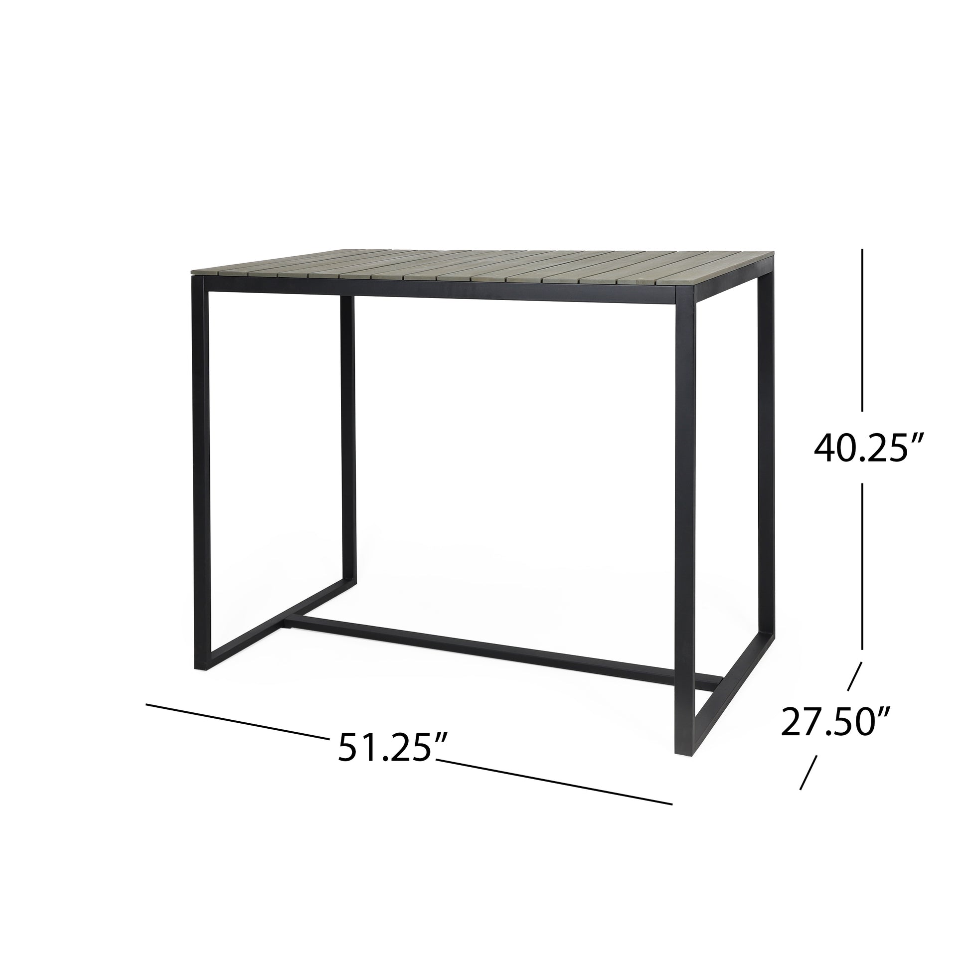 Gray slatted top outdoor bar table with black metal frame