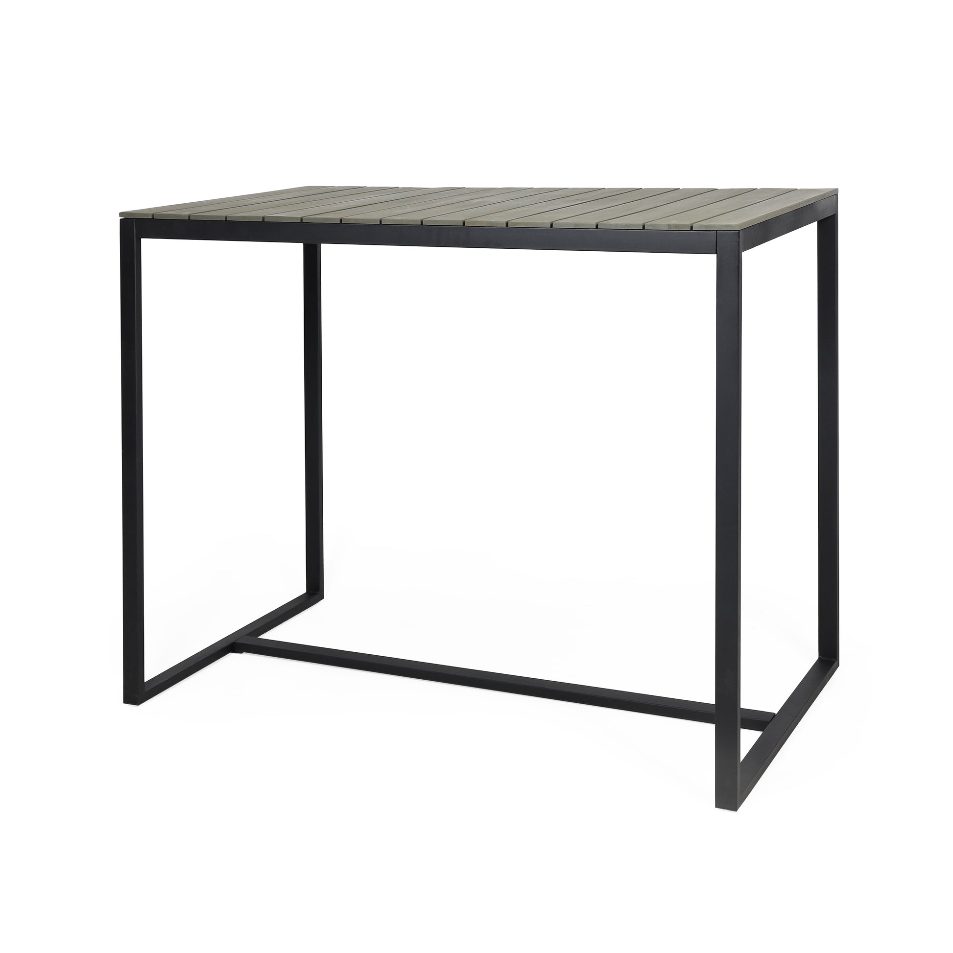 Modern outdoor bar table with grey slatted top and black metal frame