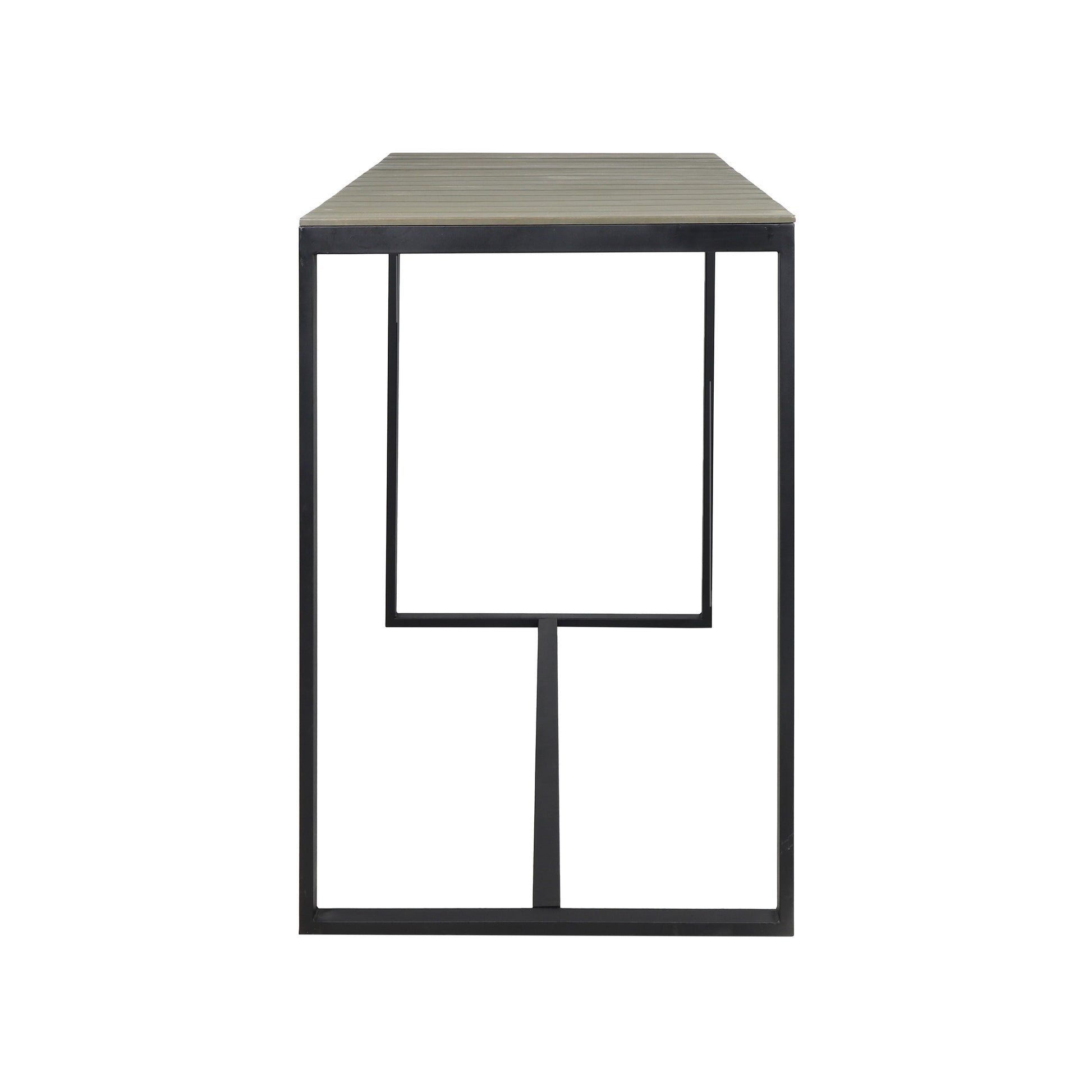 Modern gray slat top console table with black metal frame