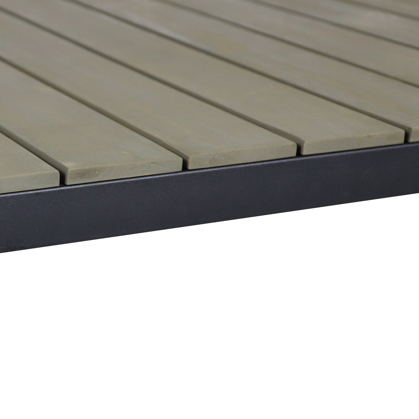 Closeup of a taupe woodslatted tabletop with a black metal frame ideal for outdoor furniture