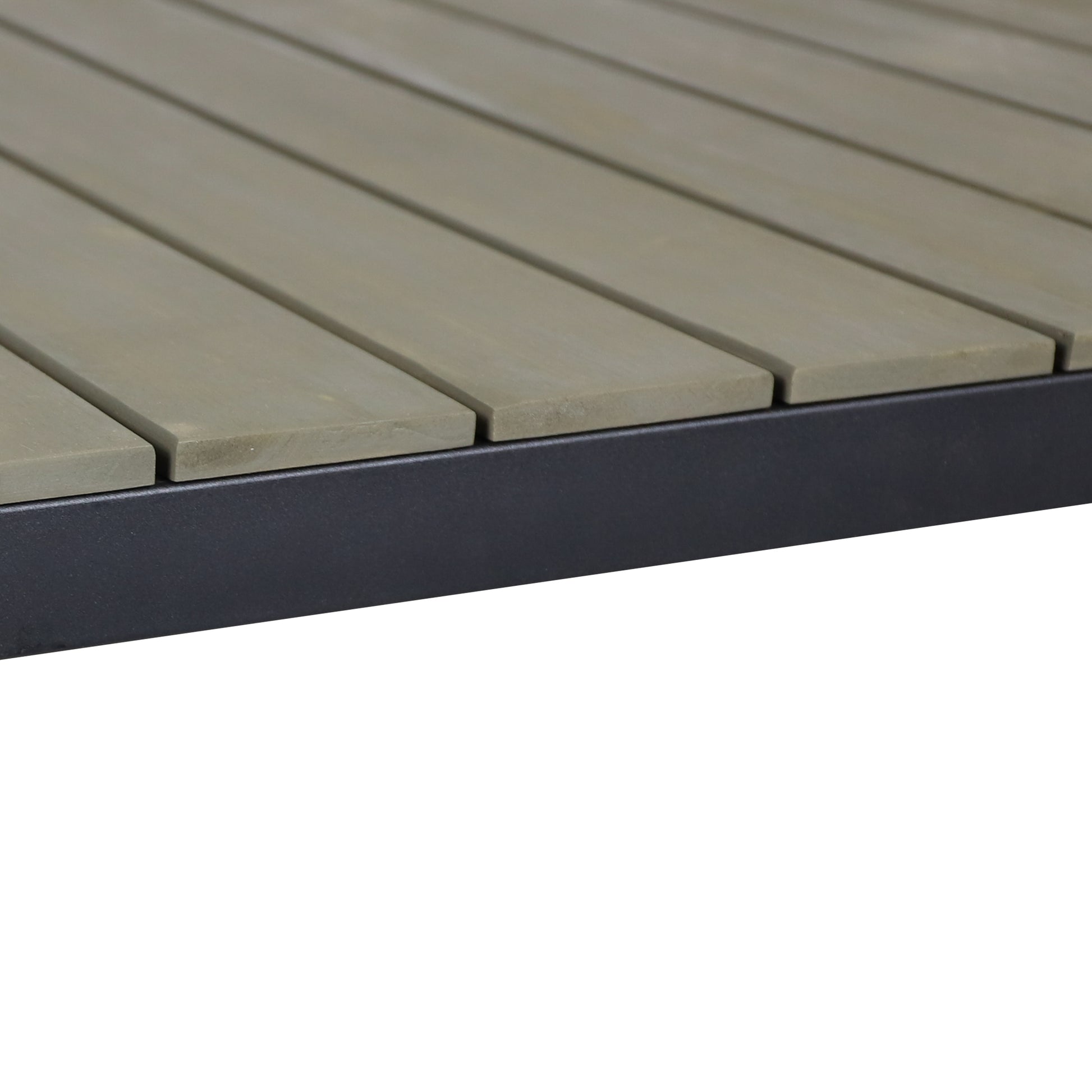 Closeup of a taupe woodslatted tabletop with a black metal frame ideal for outdoor furniture