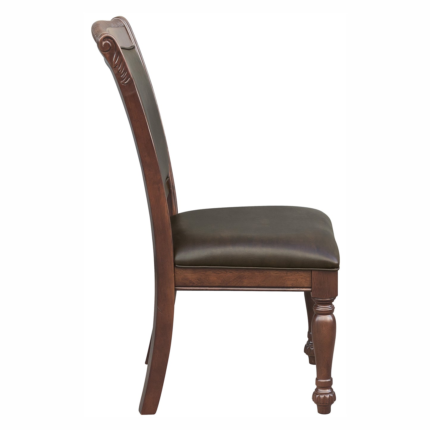 Side view of ornate wooden dining chair with dark brown upholstered seat