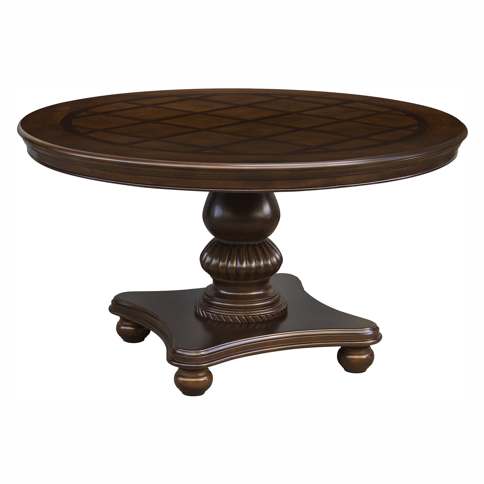 Round pedestal dining table in dark mahogany with inlaid diamond pattern