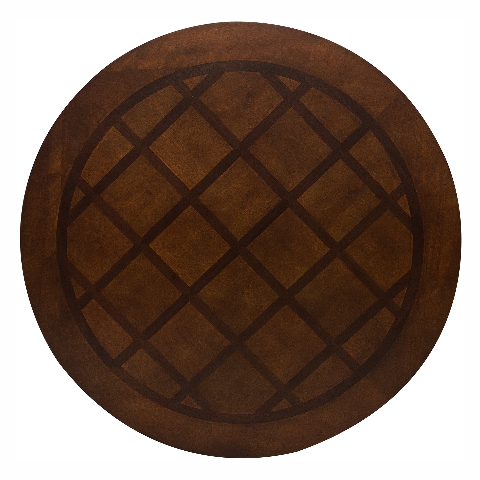 Round wooden dining table top with inlaid diamond pattern