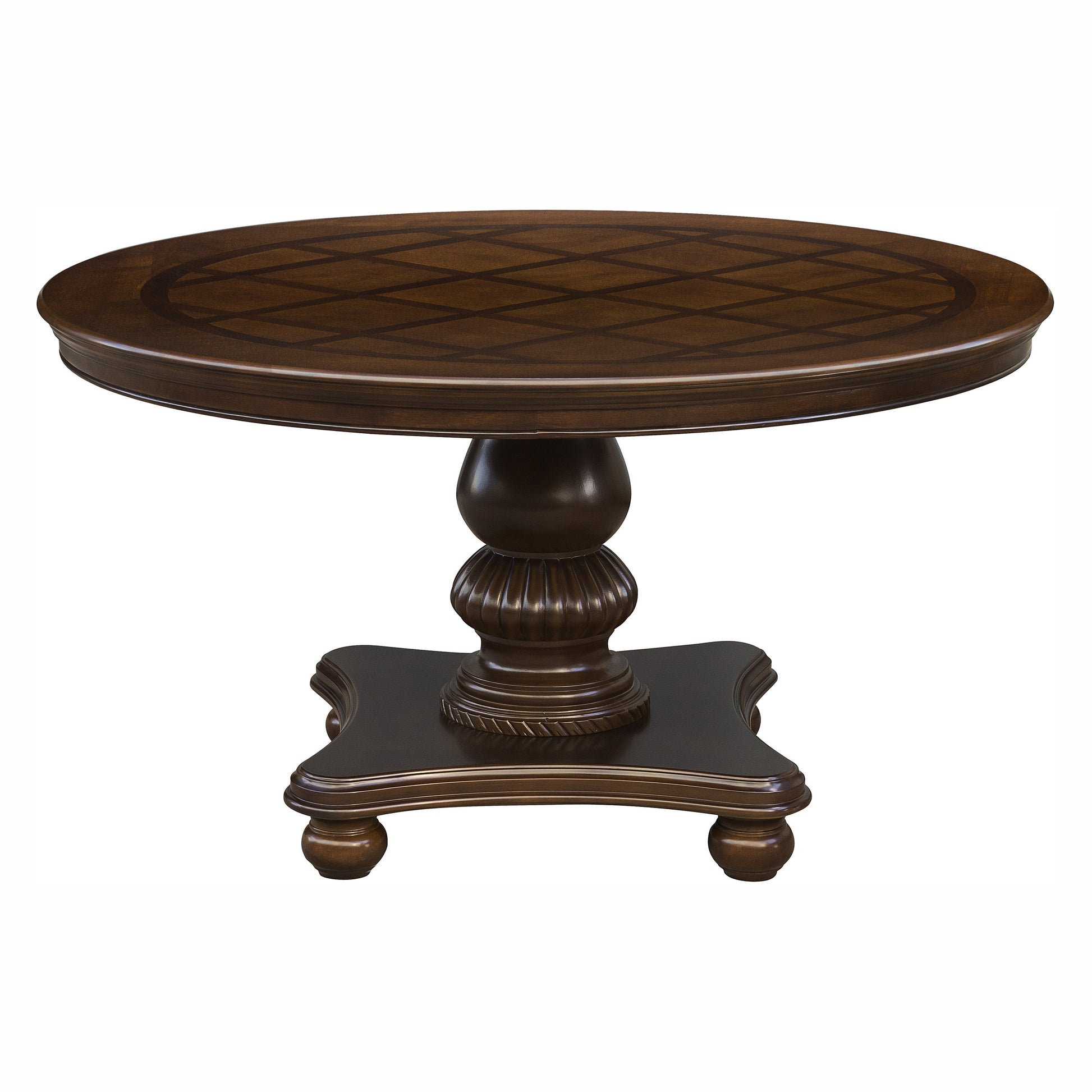 Dark wood round pedestal dining table with carved pedestal base