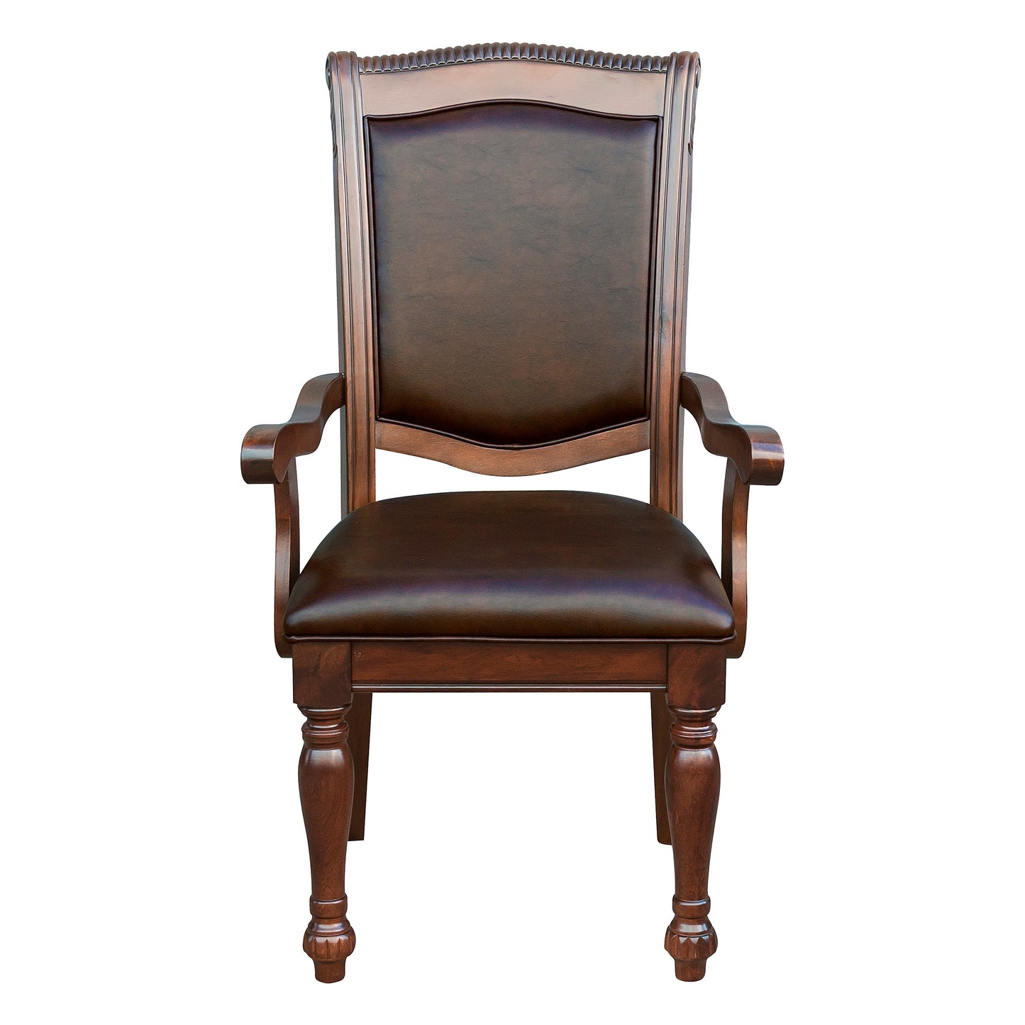 Classic dark brown leather armchair with ornate wooden trim